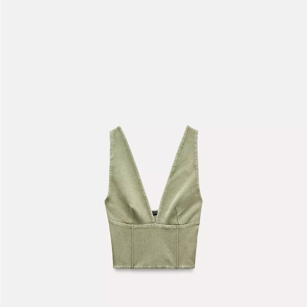 Zara top Olive Green V-Neck Women's Top Washed effect interlock